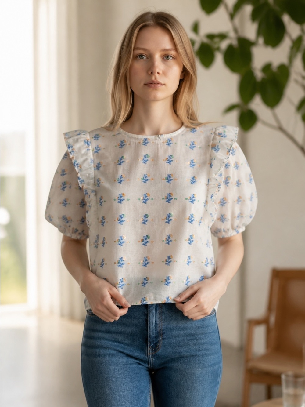 English Factory White Puff-Sleeve Top with Blue Floral Print and Orange Dots